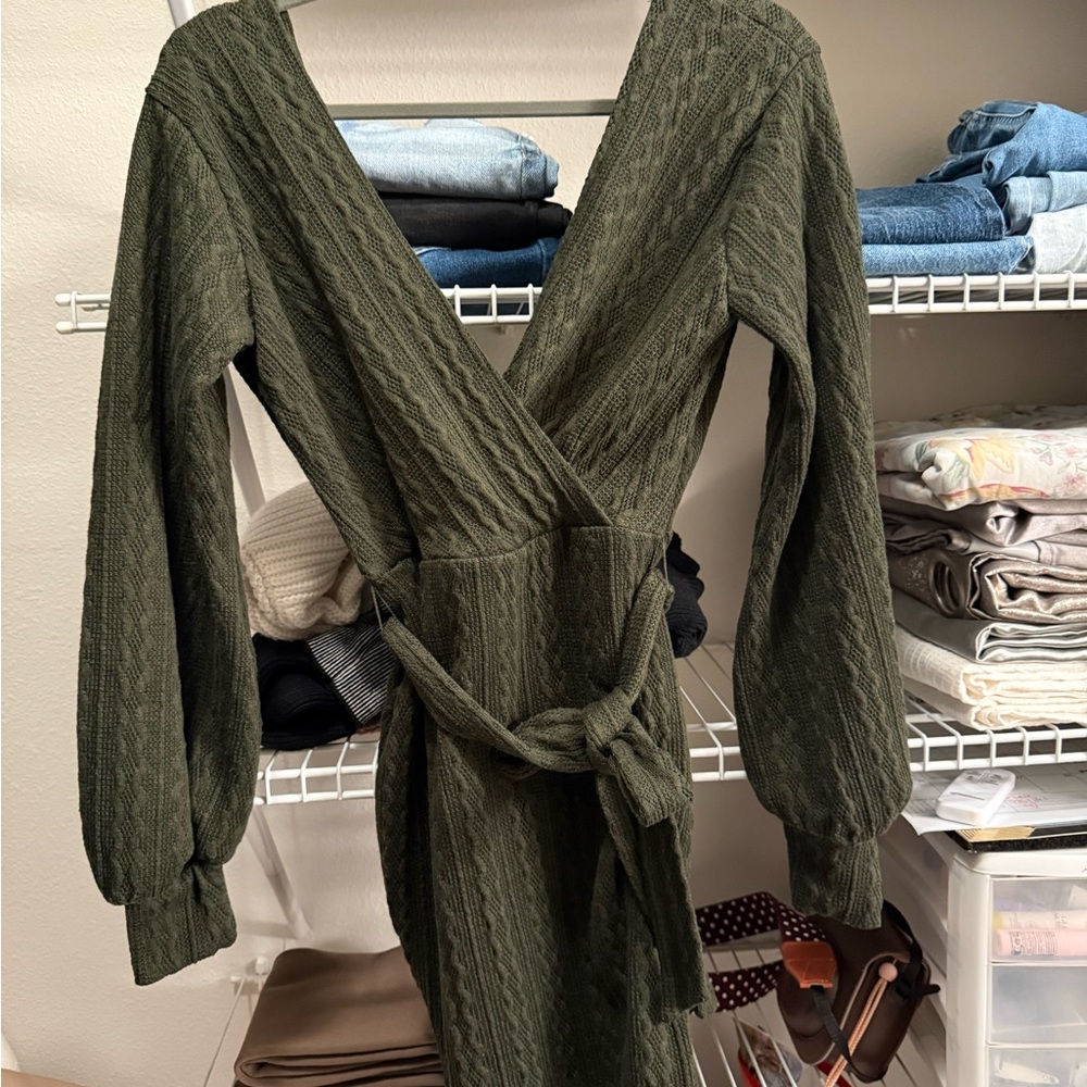 Olive Green Knit Wrap Sweater Dress